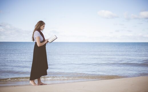 beach, girl, reading, ocean, sand, sea, seashore, water, woman, book, reading a book, reading girl, walk, walking, nature, leisure, relax