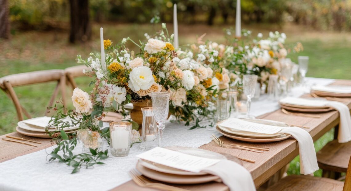 ai generated, wedding table, floral, wedding, floral centerpiece, nature, table, centerpiece, flowers, decor, elegant, outdoor reception, outdoor, reception, celebration wedding decor, elegant table