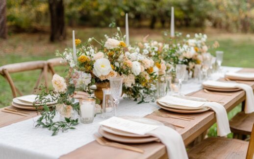 ai generated, wedding table, floral, wedding, floral centerpiece, nature, table, centerpiece, flowers, decor, elegant, outdoor reception, outdoor, reception, celebration wedding decor, elegant table