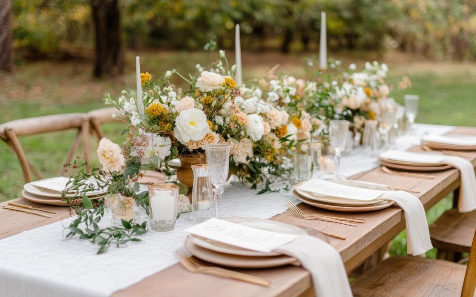 ai generated, wedding table, floral, wedding, floral centerpiece, nature, table, centerpiece, flowers, decor, elegant, outdoor reception, outdoor, reception, celebration wedding decor, elegant table