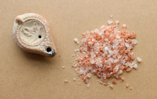 a pile of sea salt next to a small piece of stone